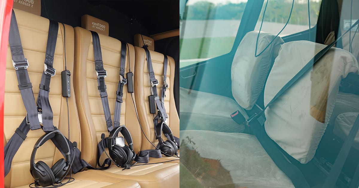 Cabin interior of a Robinson R66 mid-flight, four passengers in headsets